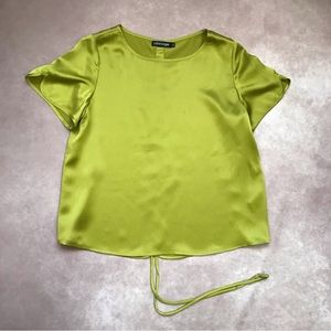 Catherine Gee 100% Silk Green Jewel Tone Blouse Notched Sleeves Ruched Back Tie